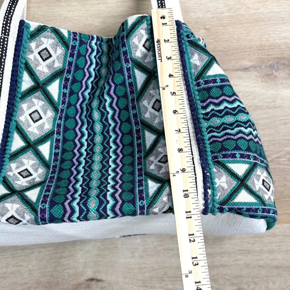 Teal/Green Geometric Woven Tote Bag Women Large Boho Vacation Vibes Beach Travel